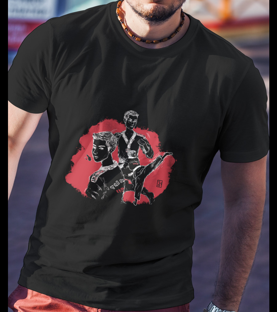 Taekwondo Boy Sparring Heroic Poses And Korean Emblems T-Shirt