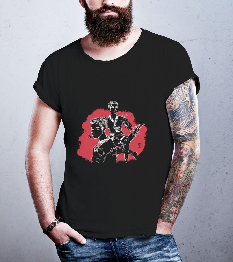 Taekwondo Boy Sparring Heroic Poses And Korean Emblems T-Shirt