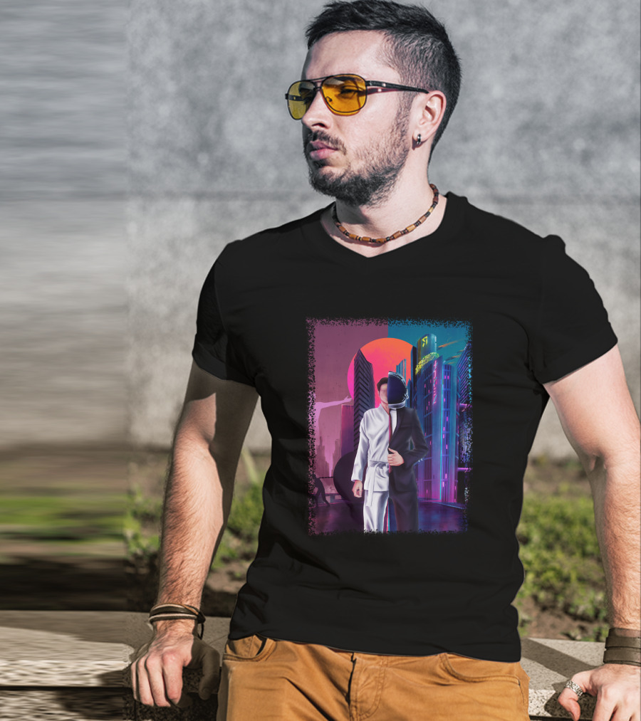 Half Taekwondo Spaceman Futuristic Cityscape Duality T-Shirt