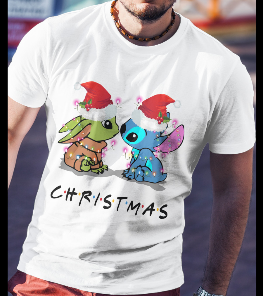 Yoda And Stitch Christmas Santa Hats Holiday Lights T-Shirt