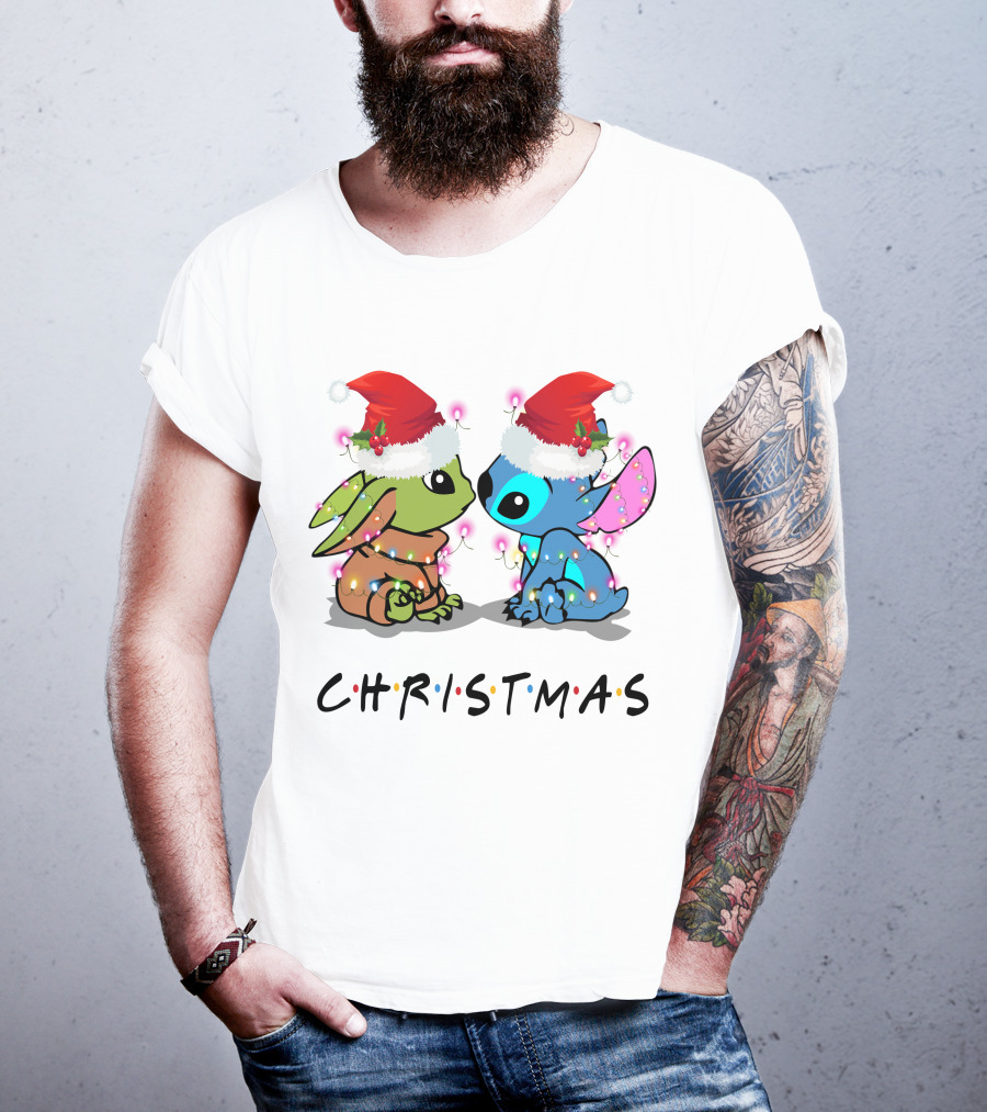 Yoda And Stitch Christmas Santa Hats Holiday Lights T-Shirt