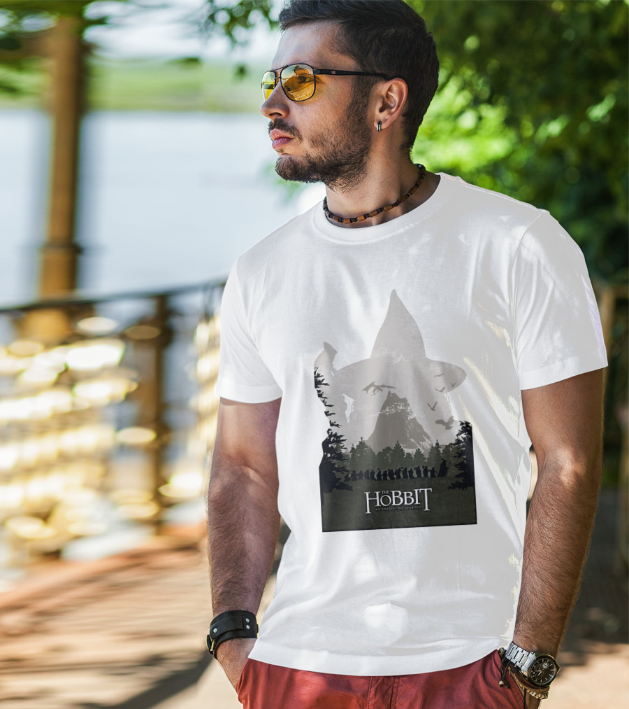 The Hobbit An Unexpected Journey Silhouette Scene With Gandalf Hat And Forest Background T-Shirt