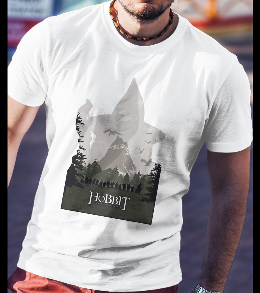 The Hobbit An Unexpected Journey Silhouette Scene With Gandalf Hat And Forest Background T-Shirt