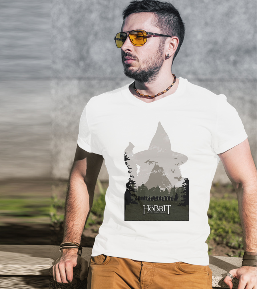 The Hobbit An Unexpected Journey Silhouette Scene With Gandalf Hat And Forest Background T-Shirt