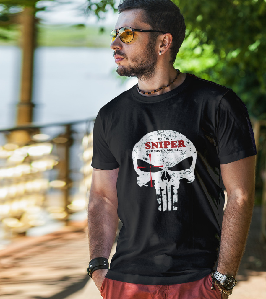 U.S. Sniper One Shot One Kill Skull T-Shirt