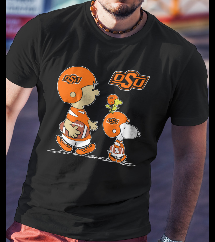 Osu Oklahoma State Cowboys Peanuts Football Collaboration With Snoopy And Woodstock T-Shirt