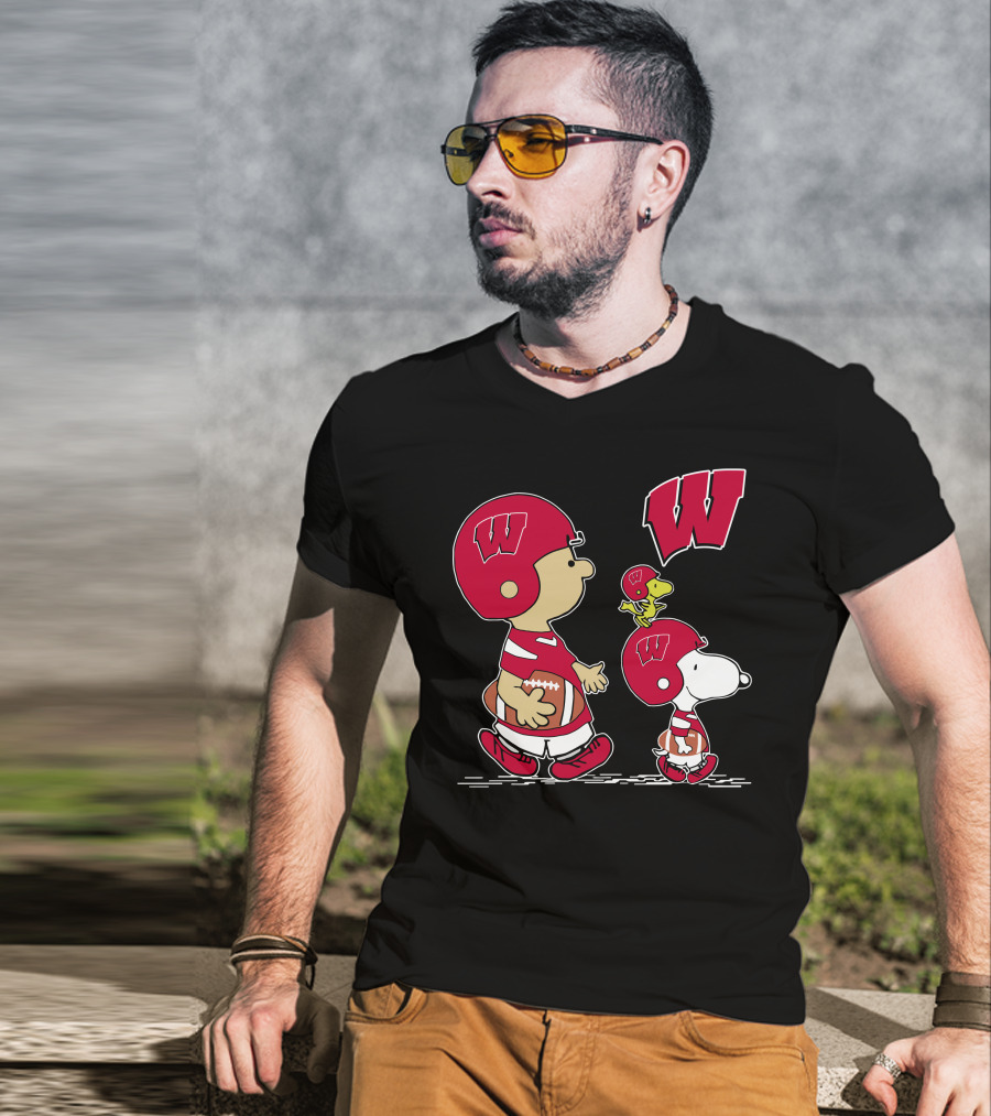 Wisconsin Badgers Peanuts Football Characters Walking With W T-Shirt