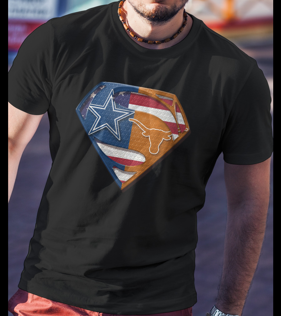 Dallas Cowboys Texas Longhorns Superman Shield American Flag Blend T-Shirt