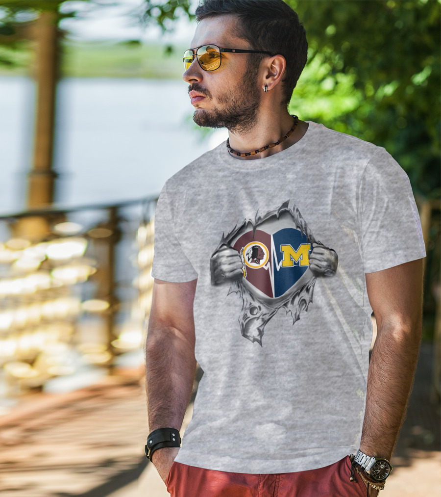 Michigan Wolverines Washington Commanders Heartbeat Logo Fusion T-Shirt