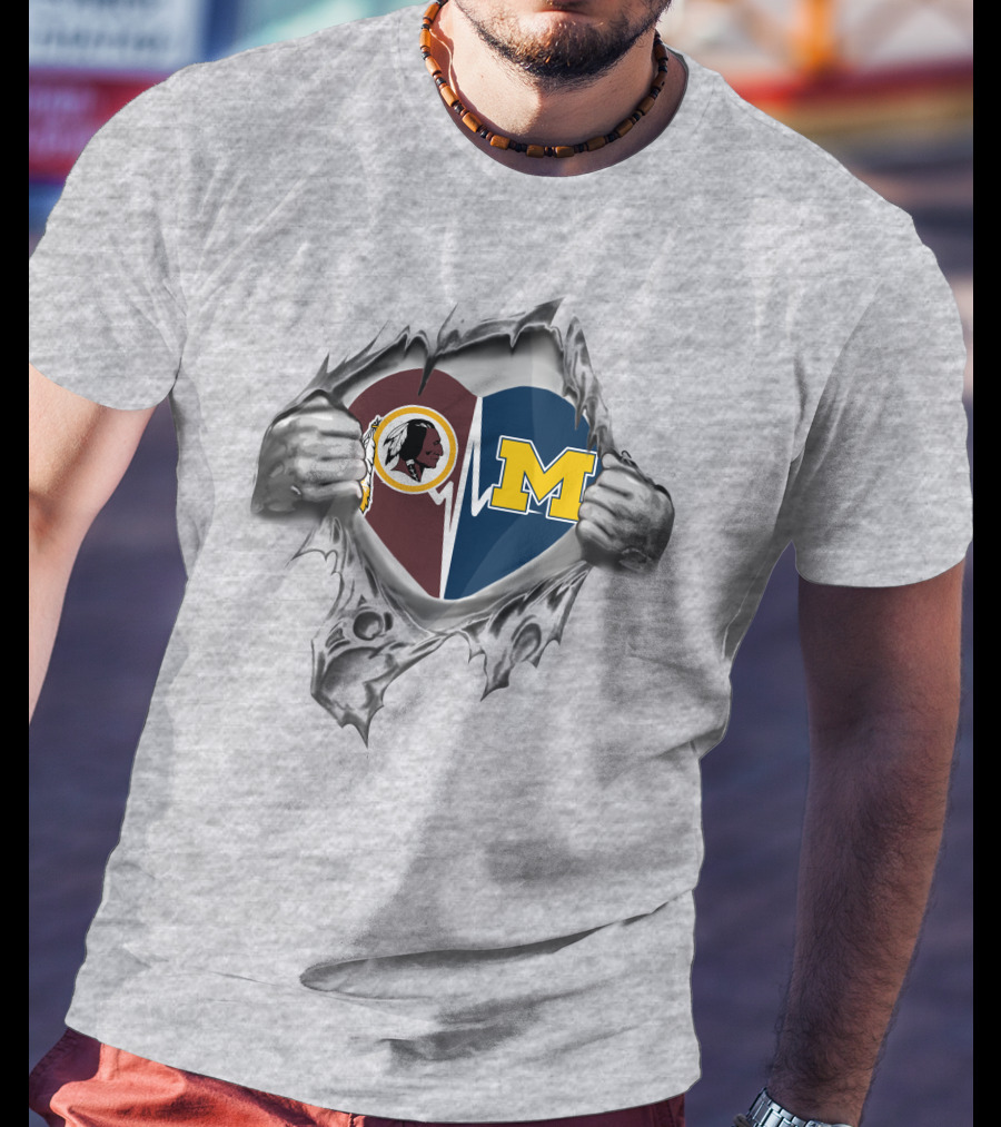 Michigan Wolverines Washington Commanders Heartbeat Logo Fusion T-Shirt