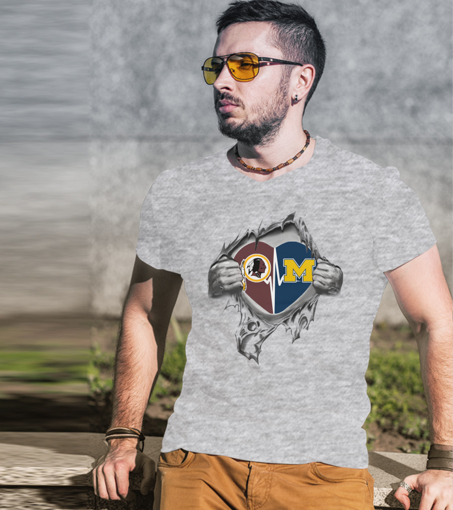 Michigan Wolverines Washington Commanders Heartbeat Logo Fusion T-Shirt