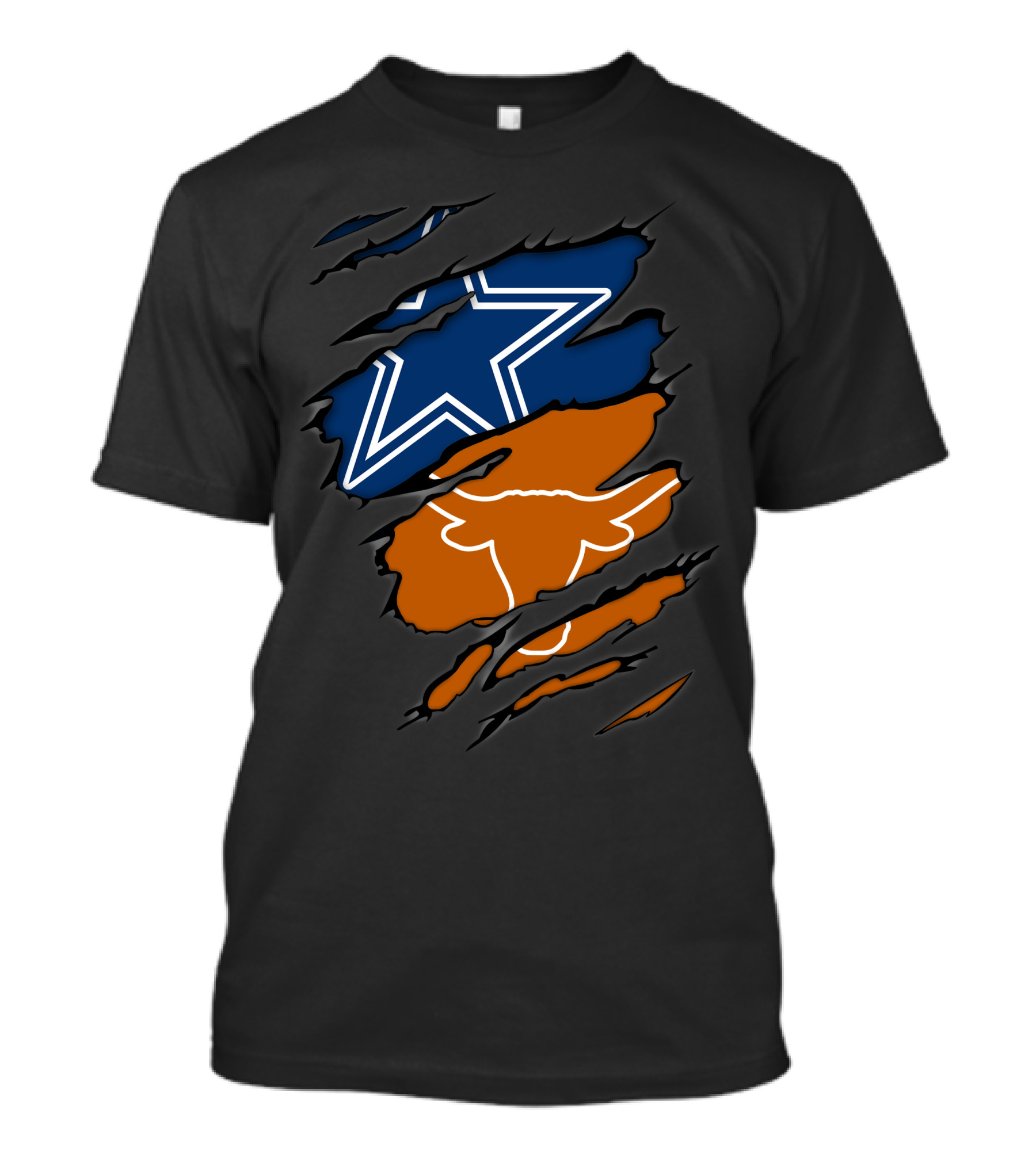 Cowboys Star And Texas Longhorns Logo Peeking Through Ripped T-Shirt