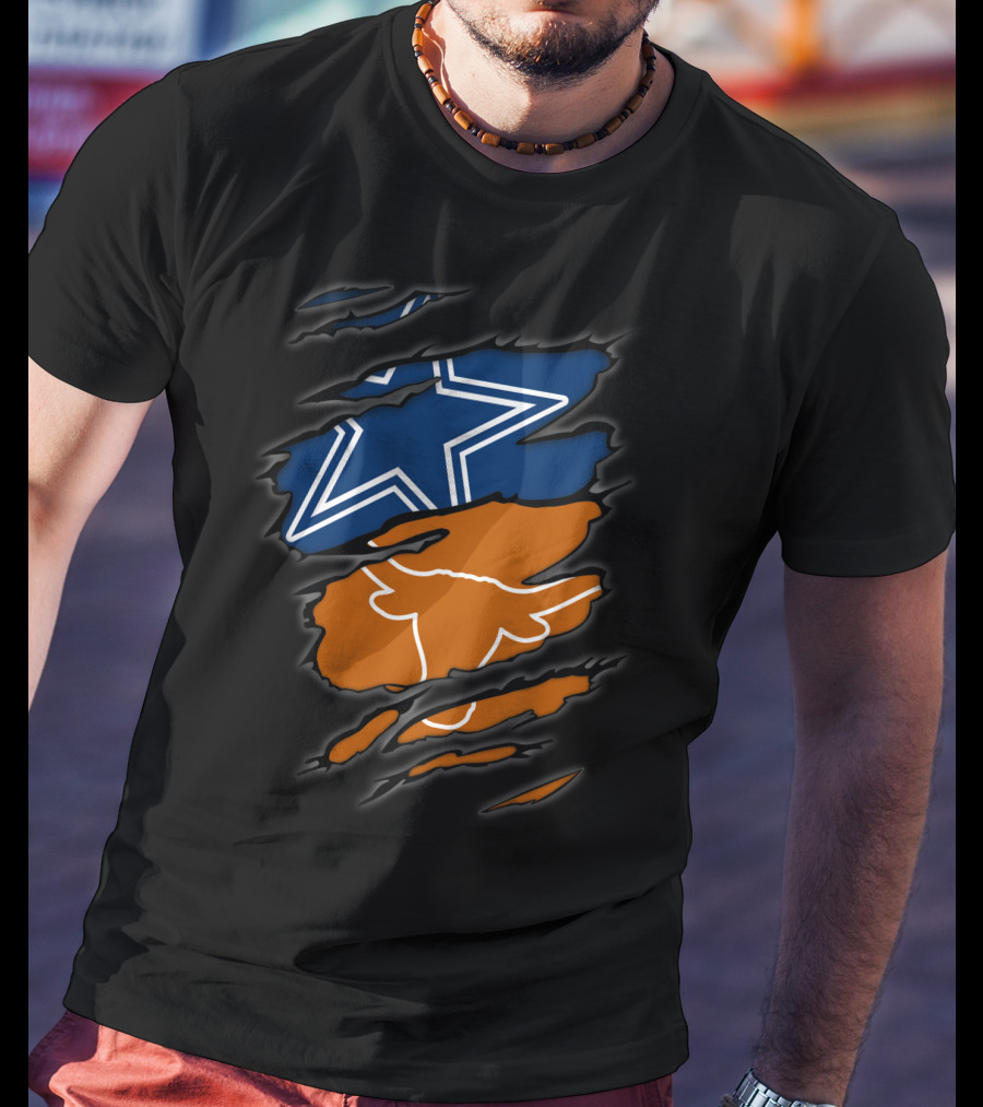 Cowboys Star And Texas Longhorns Logo Peeking Through Ripped T-Shirt