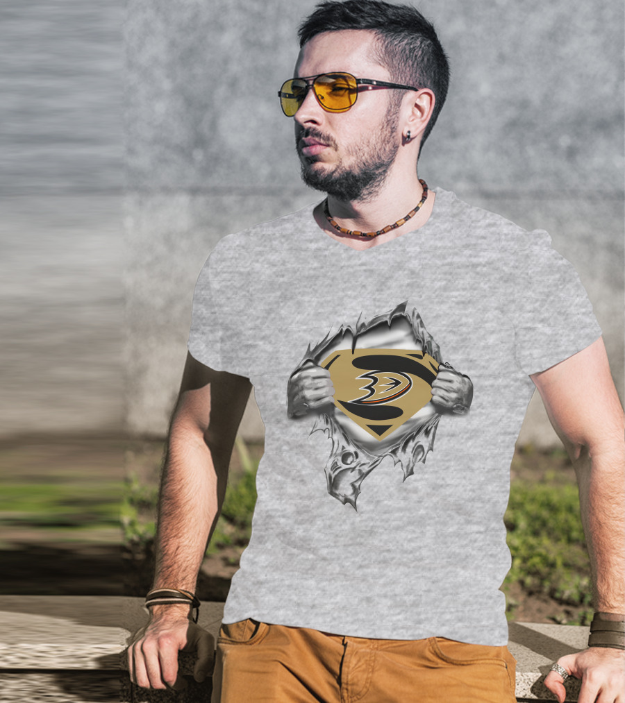 Anaheim Ducks Super Man Emblem Styled Logo Display T-Shirt