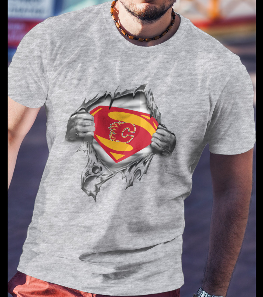 Calgary Flames Superman Logo Peeking Through Ripped Costume T-Shirt