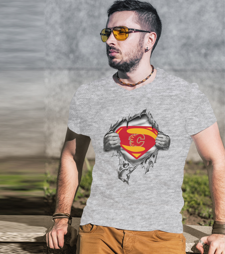 Calgary Flames Superman Logo Peeking Through Ripped Costume T-Shirt