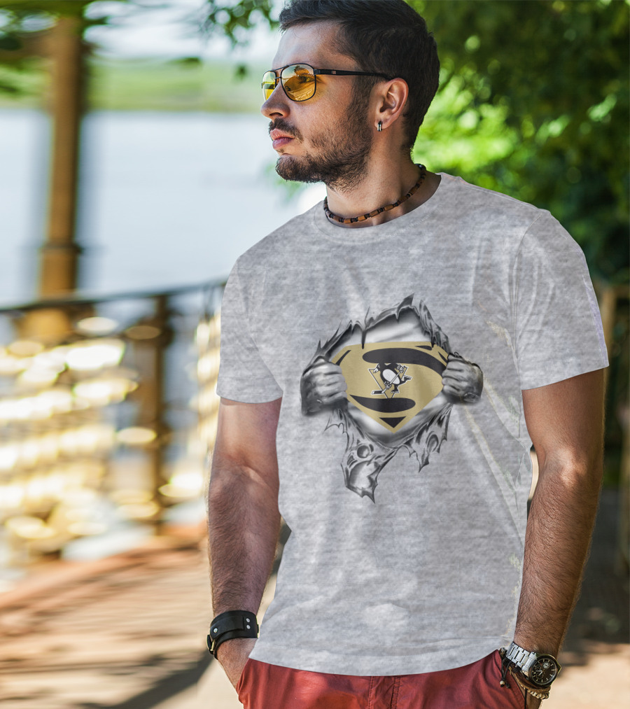 Pittsburgh Penguins Superman Emblem Unveiling Hockey Fan Fusion T-Shirt