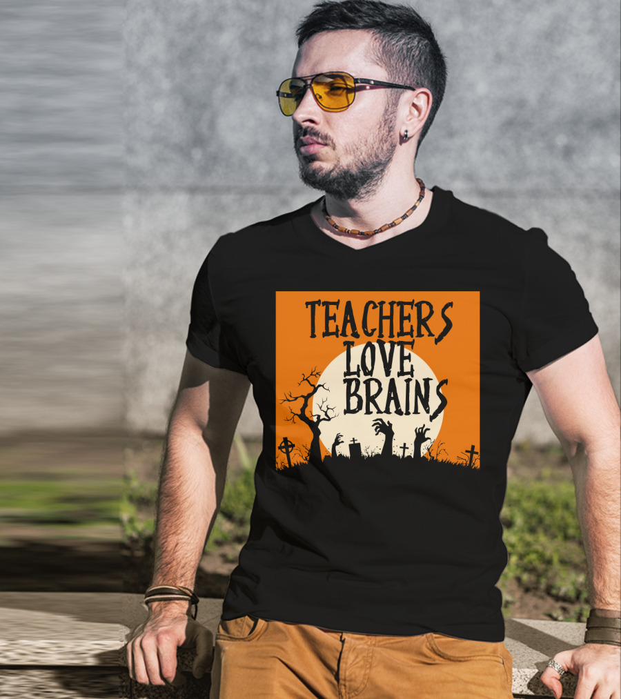 Teachers Love Brains Funny Halloween Costume With Zombie Hands And Graveyard Moon Scene T-Shirt