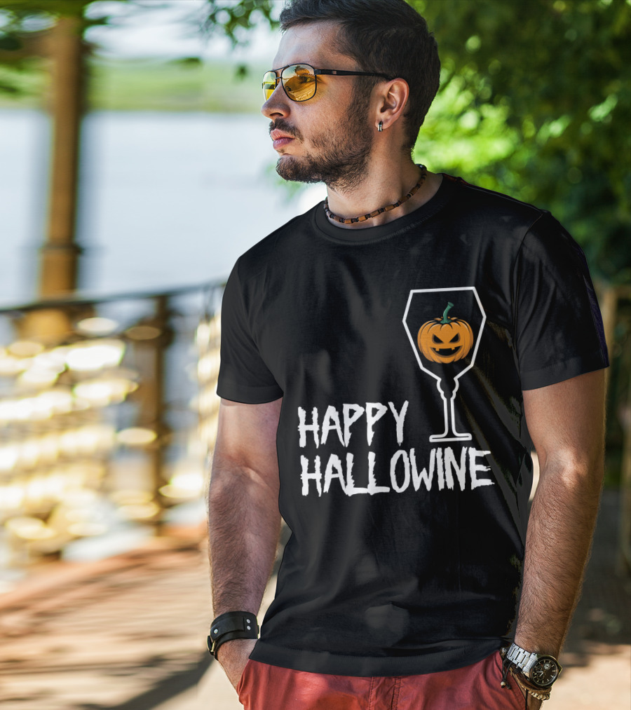 Happy Hallowine Jack-o'-Lantern Wine Glass Halloween Drinking Lover T-Shirt