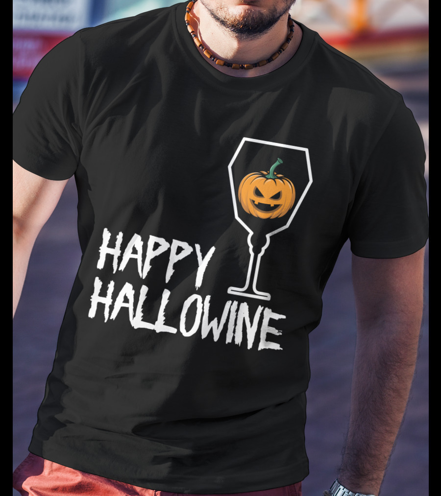Happy Hallowine Jack-o'-Lantern Wine Glass Halloween Drinking Lover T-Shirt