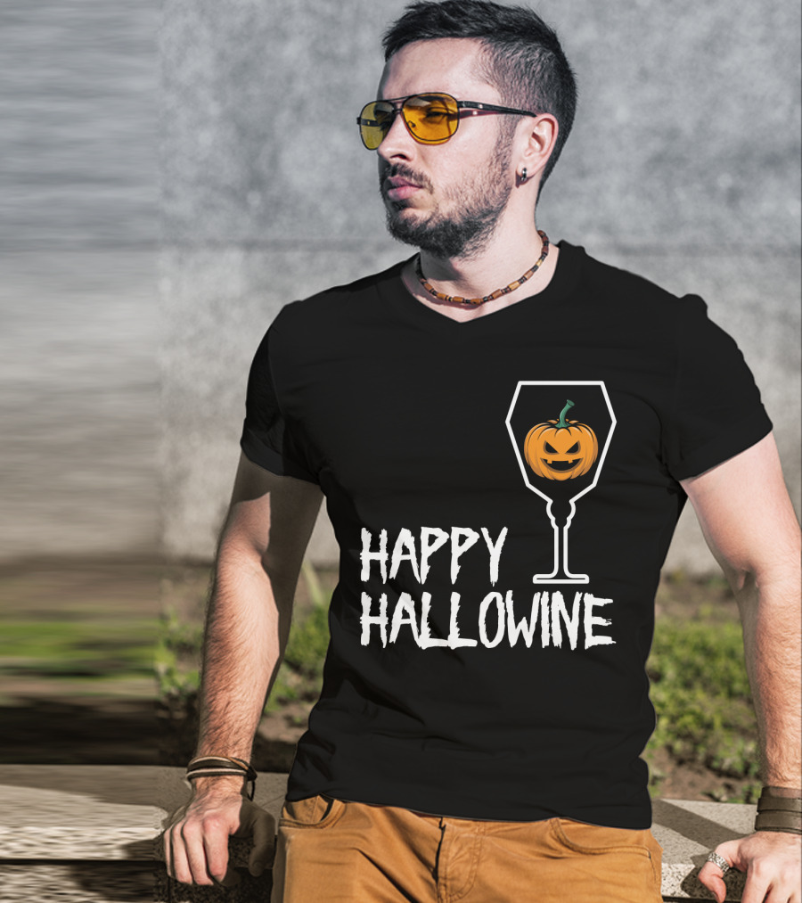 Happy Hallowine Jack-o'-Lantern Wine Glass Halloween Drinking Lover T-Shirt