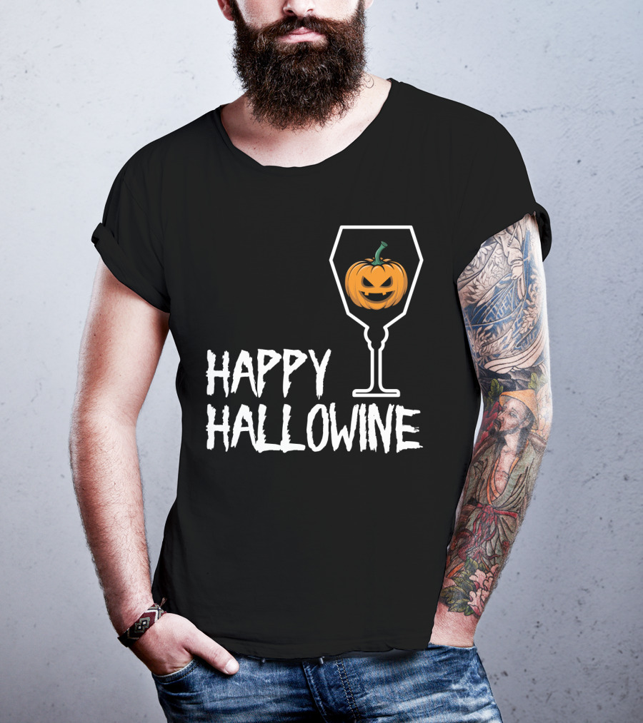 Happy Hallowine Jack-o'-Lantern Wine Glass Halloween Drinking Lover T-Shirt