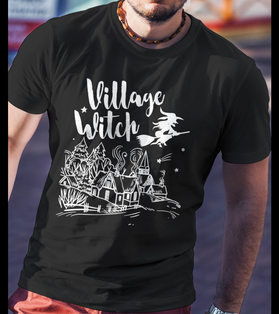 Village Witch Flying Over Enchanted Village Scene T-Shirt