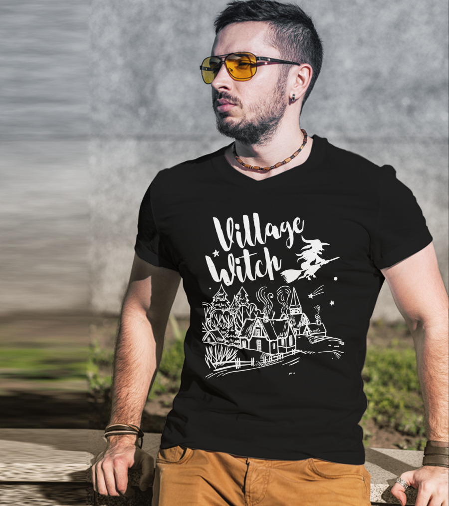 Village Witch Flying Over Enchanted Village Scene T-Shirt