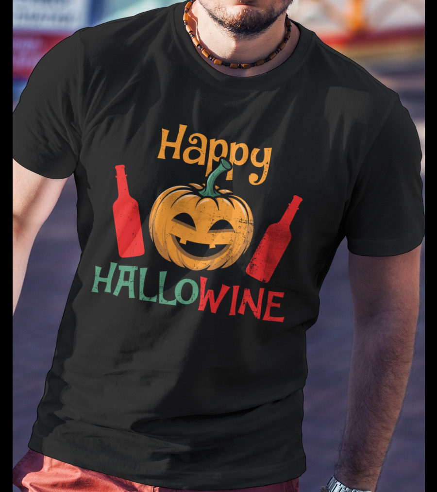 Happy Hallo Wine Pumpkin Jack-O'-Lantern With Wine Bottles T-Shirt