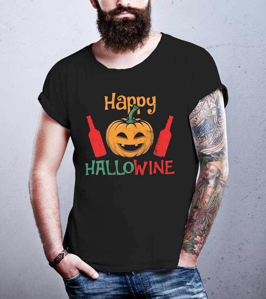 Happy Hallo Wine Pumpkin Jack-O'-Lantern With Wine Bottles T-Shirt