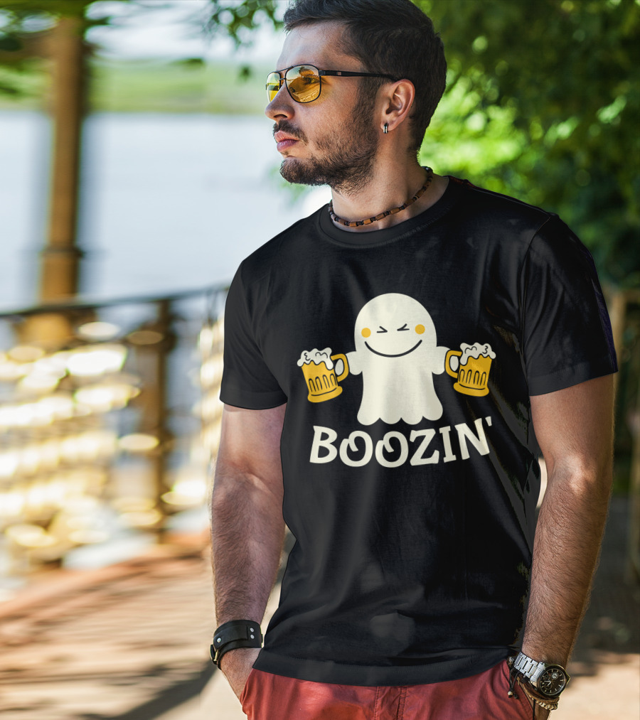 Boozin Ghost With Beer Mugs Halloween Fun T-Shirt