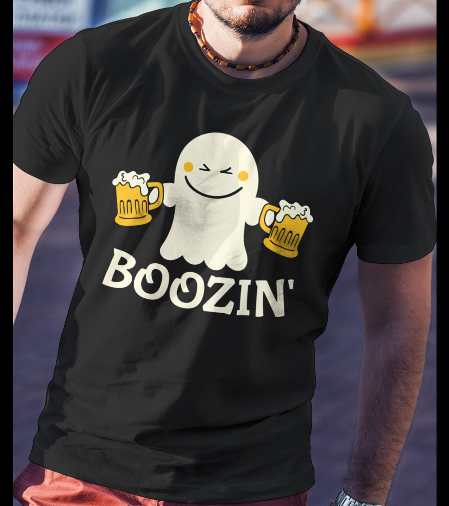 Boozin Ghost With Beer Mugs Halloween Fun T-Shirt