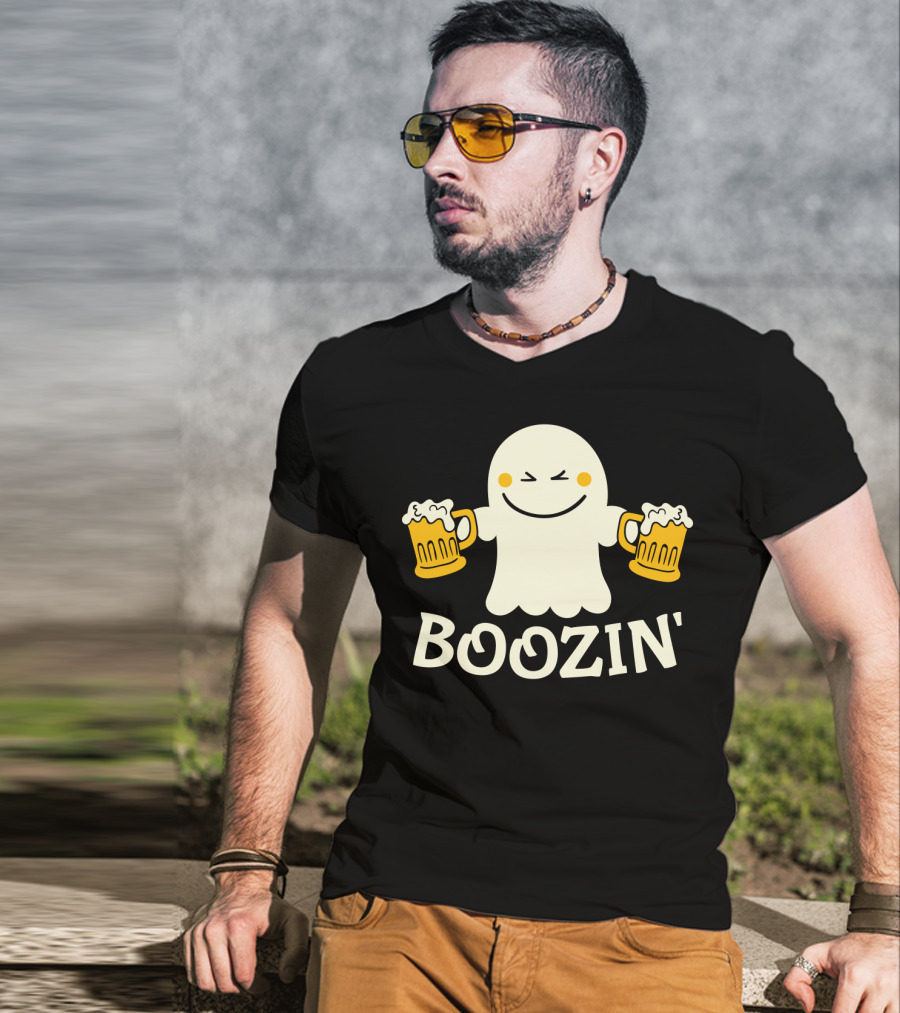Boozin Ghost With Beer Mugs Halloween Fun T-Shirt