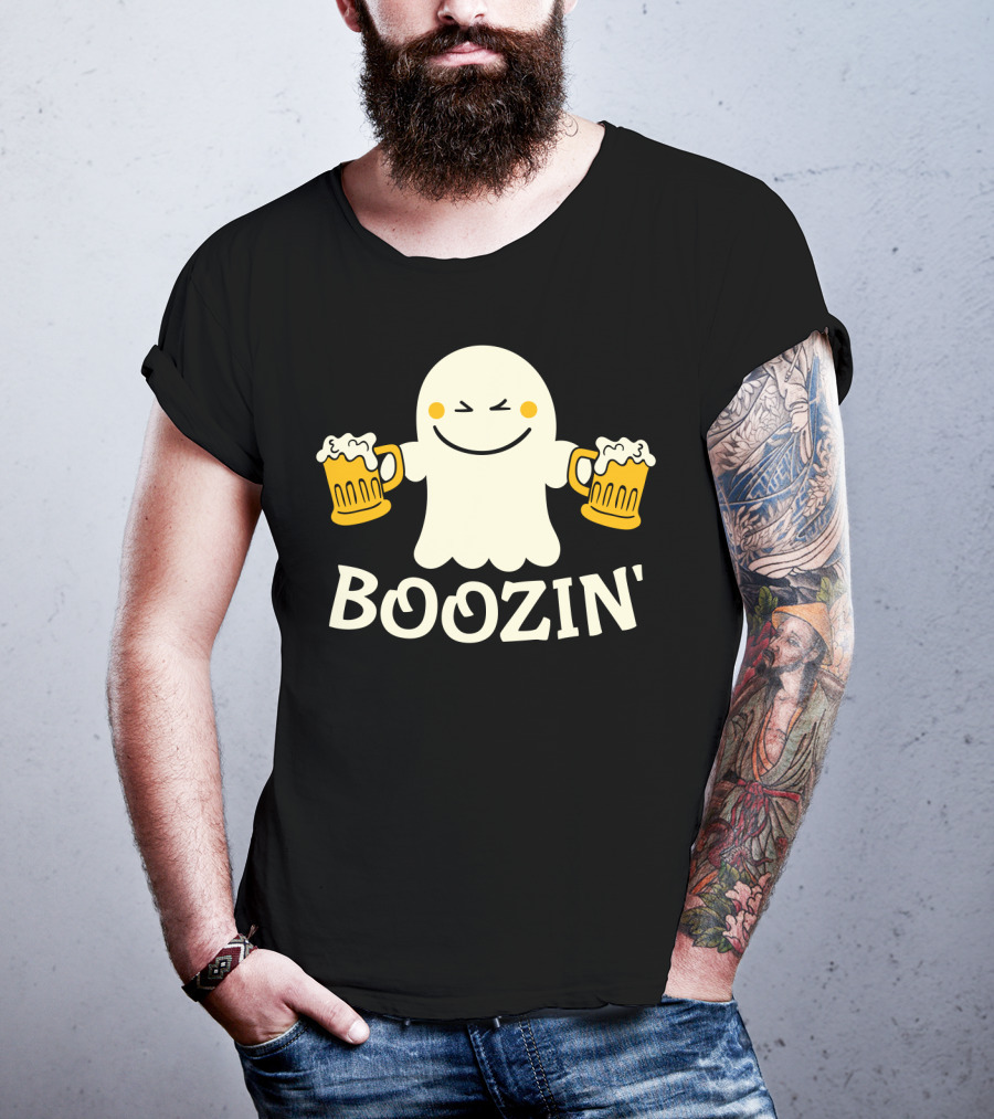 Boozin Ghost With Beer Mugs Halloween Fun T-Shirt