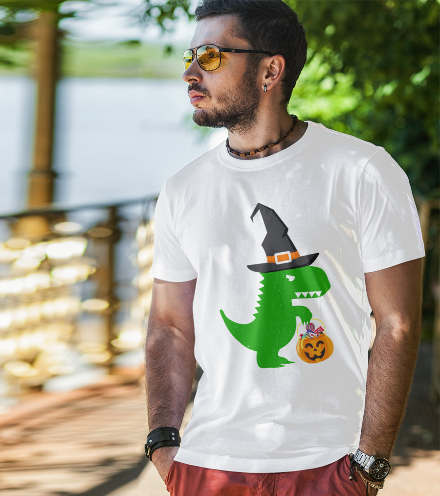 Witch Hat Dinosaur With Pumpkin Candy Bucket Halloween T-Shirt