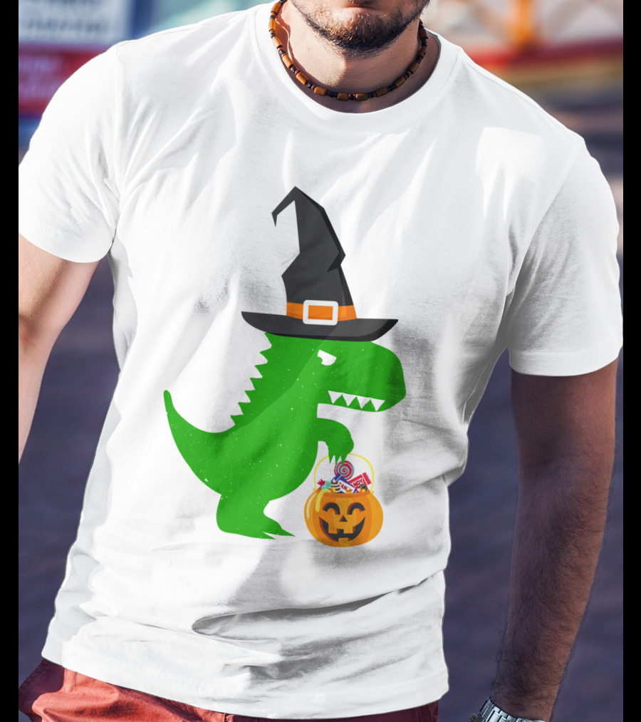 Witch Hat Dinosaur With Pumpkin Candy Bucket Halloween T-Shirt