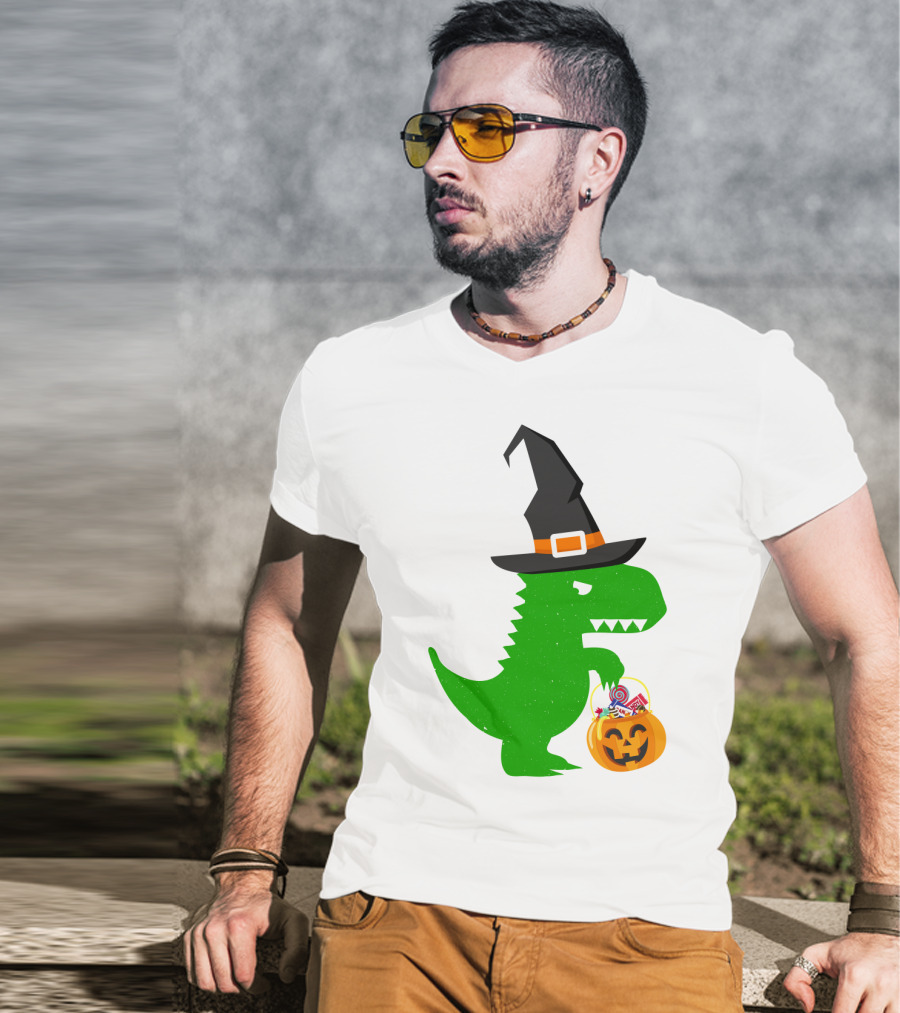 Witch Hat Dinosaur With Pumpkin Candy Bucket Halloween T-Shirt