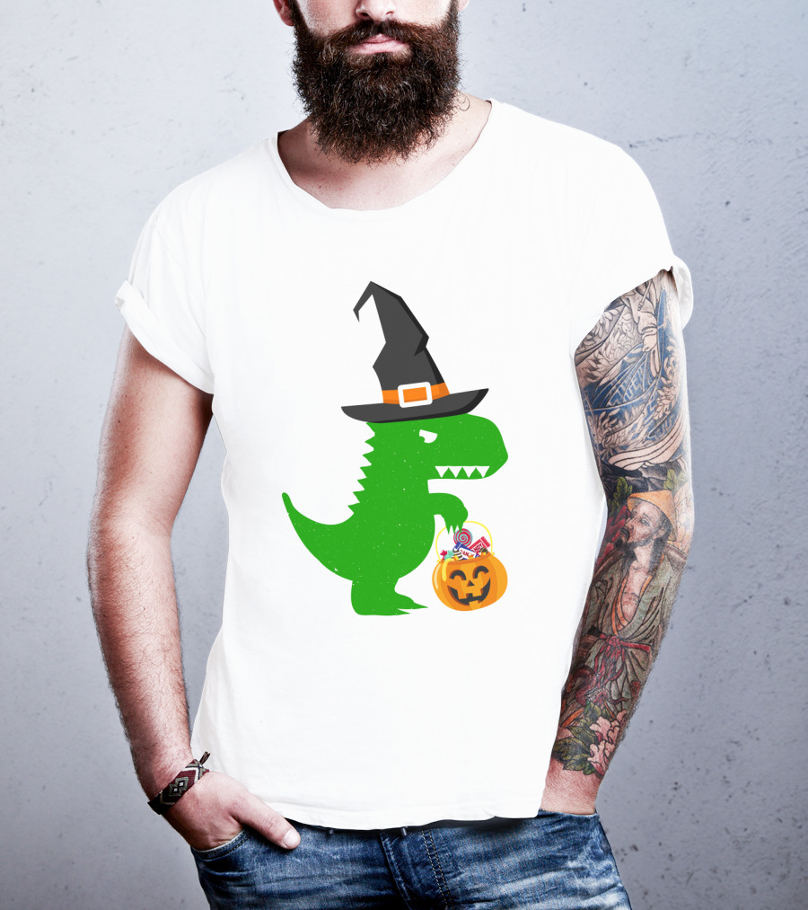 Witch Hat Dinosaur With Pumpkin Candy Bucket Halloween T-Shirt