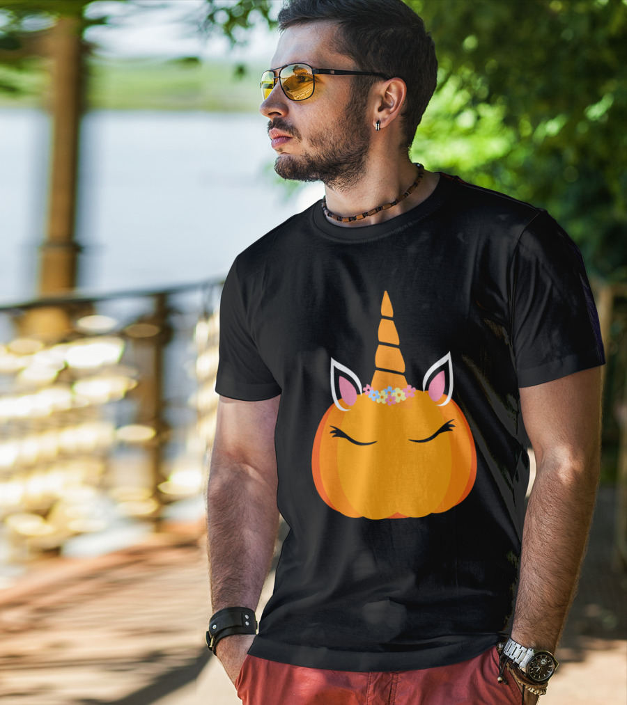 Unicorn Pumpkin With Floral Crown And Sleepy Eyes T-Shirt