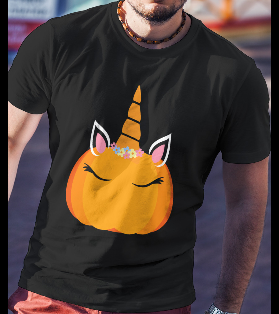 Unicorn Pumpkin With Floral Crown And Sleepy Eyes T-Shirt
