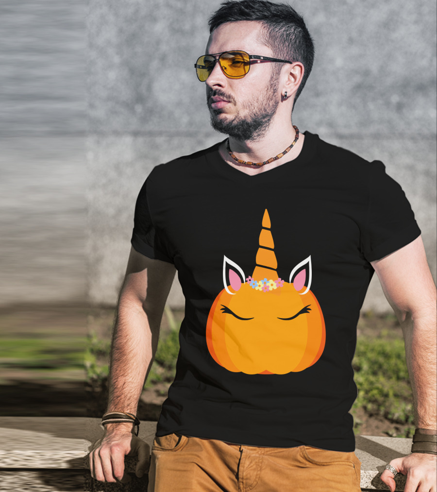 Unicorn Pumpkin With Floral Crown And Sleepy Eyes T-Shirt