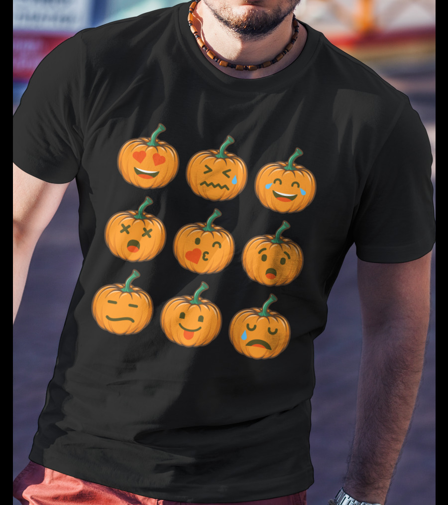 Nine Cute Pumpkin Emoji Expressions With Heart Eyes And Tears T-Shirt