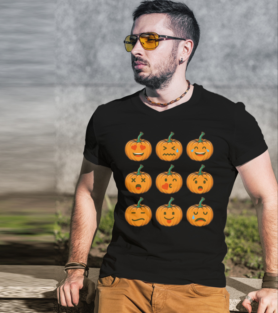 Nine Cute Pumpkin Emoji Expressions With Heart Eyes And Tears T-Shirt