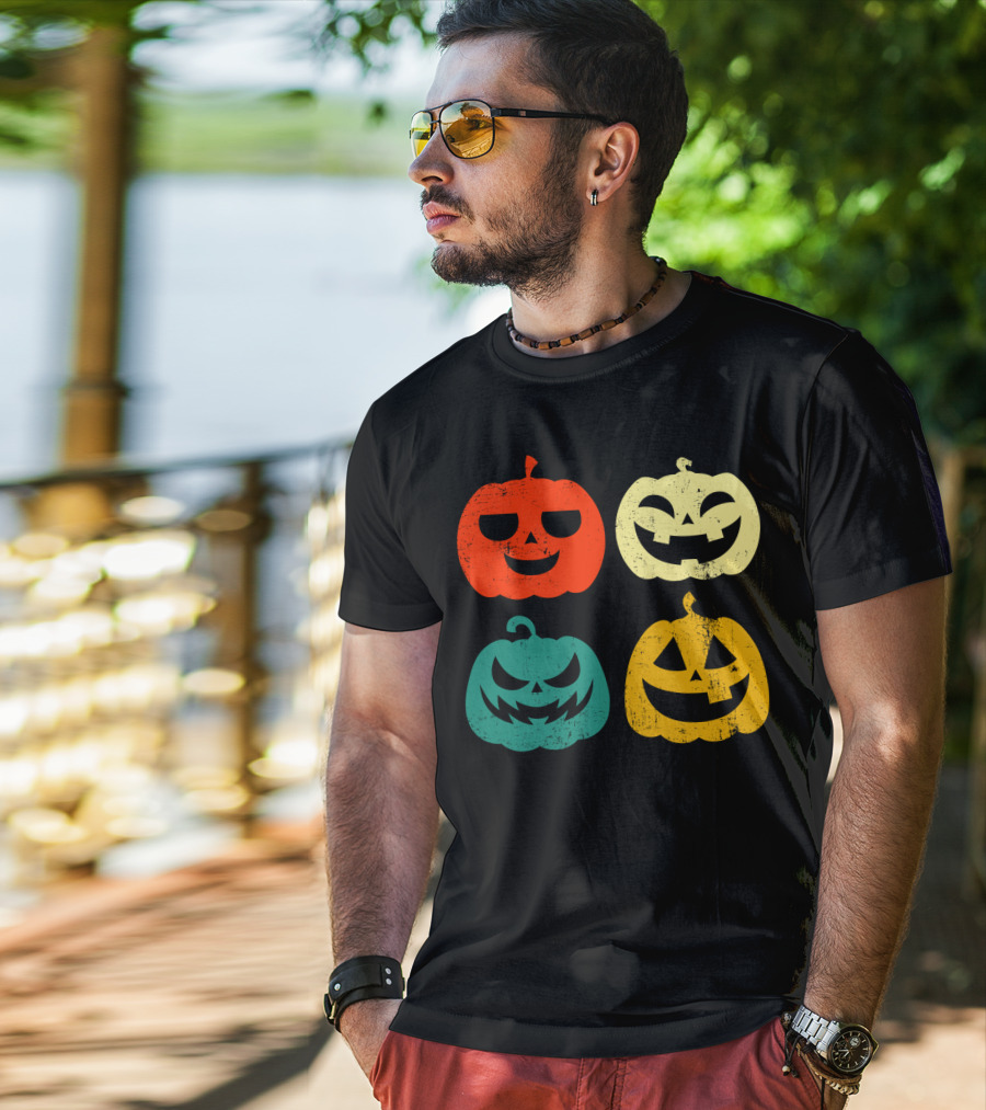 Retro Vintage Pumpkin Halloween Faces Quad Color Grid T-Shirt