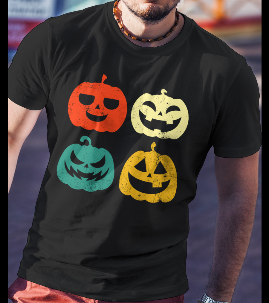 Retro Vintage Pumpkin Halloween Faces Quad Color Grid T-Shirt