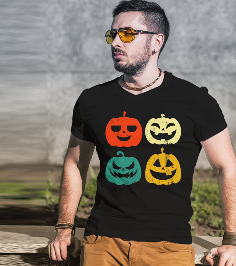 Retro Vintage Pumpkin Halloween Faces Quad Color Grid T-Shirt