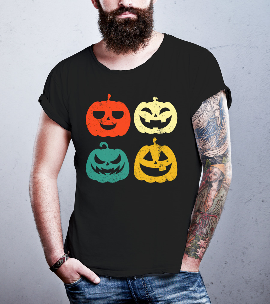 Retro Vintage Pumpkin Halloween Faces Quad Color Grid T-Shirt