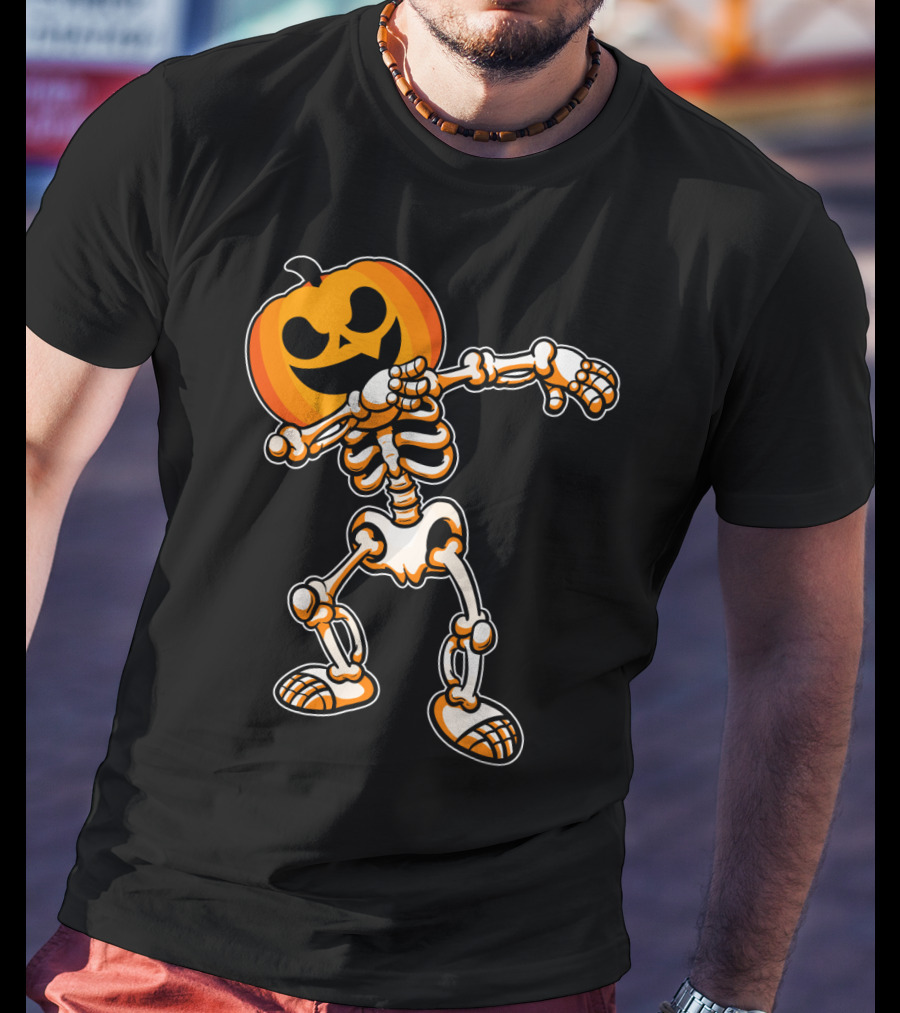 Dabbing Skeleton With Pumpkin Head Halloween Humor T-Shirt