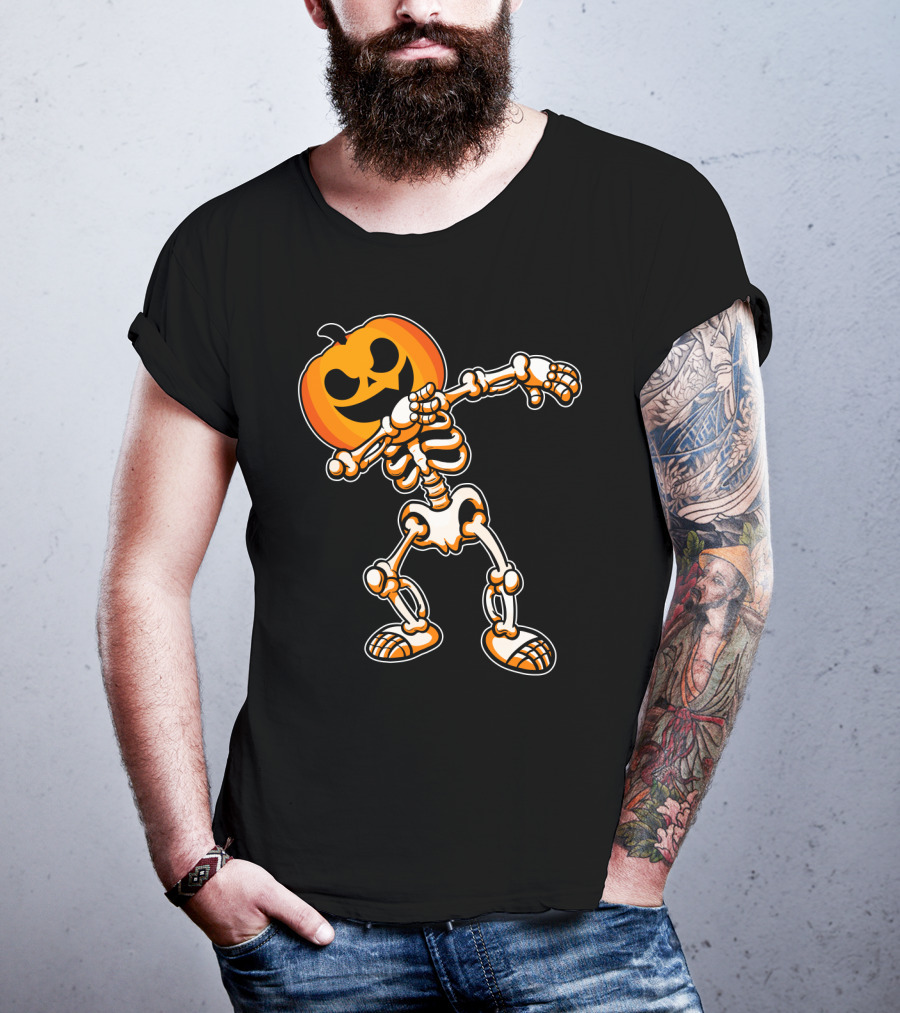 Dabbing Skeleton With Pumpkin Head Halloween Humor T-Shirt