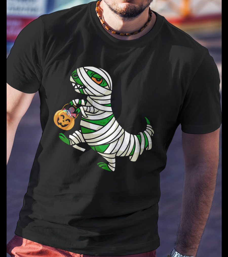 Mummy Dinosaur With Halloween Pumpkin And Candy Basket T-Shirt